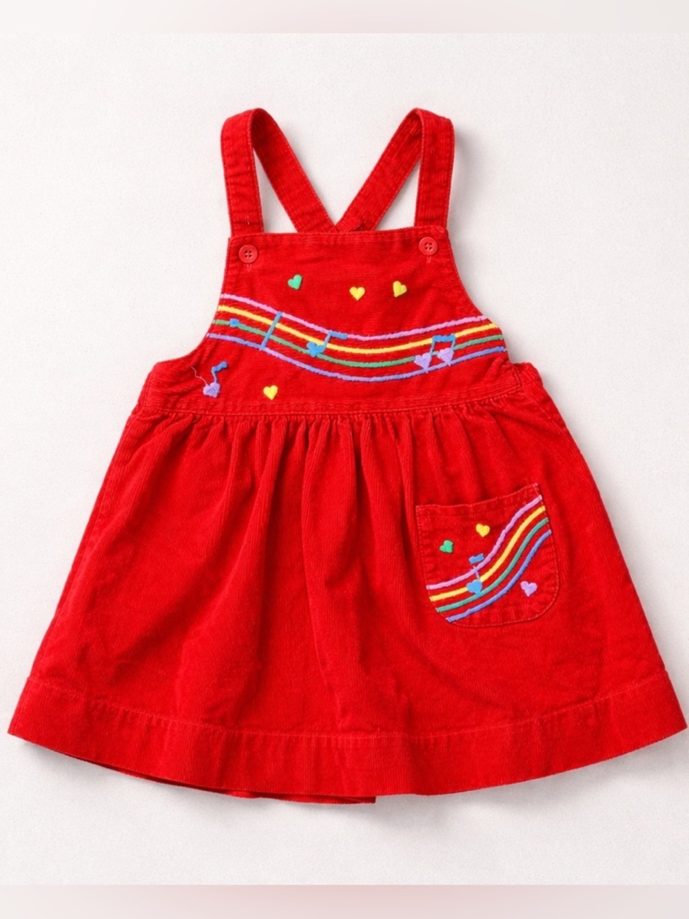 Red Corduroy Musical Pinafore Dress with Rainbow | 12-18 months | Vintage
